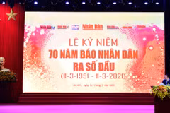 Thủ tướng Nguyễn Xuân Phúc phát biểu tại Lễ kỷ niệm 70 năm ngày Báo Nhân dân ra số đầu tiên. (Ảnh: Thi Uyên/Vietnam+)