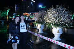 Người dân thàn phố Hải Phòng chụp ảnh lưu niệm với hoa Anh đào tại triển lãm. (Ảnh: Minh Thu/TTXVN)