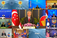 Thủ tướng Singapore Lý Hiển Long (giữa) tham dự Hội nghị cấp cao ASEAN theo hình thức trực tuyến, ngày 26/10. (Ảnh: AFP/TTXVN)