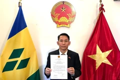 Đại sứ Lê Viết Duyên trình Quốc thư lên Toàn quyền Saint Vincent và Grenadines theo hình thức trực tuyến. (Ảnh: TTXVN phát)
