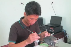 Thực hiện các công đoạn cấy ngọc trai. (Ảnh: Thùy Dung/TTXVN)