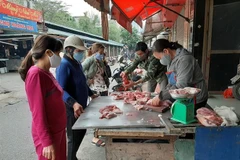 Quầy bán thịt lợn tại chợ Hoàng Mai, Hà Nội. (Ảnh: Phương Anh-TTXVN)