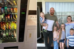 Gia đình Sarah bên chiếc máy bán hàng tự động. (Nguồn: Metro)