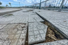 Vỉa hè kè sông Cần Thơ thuộc gói thầu số 4 bị lún, nứt sau khi đưa vào sử dụng. (Ảnh: TTXVN phát)