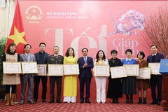 Bộ trưởng Bộ Ngoại giao Bùi Thanh Sơn trao Bằng khen tặng các cơ quan báo chí. (Ảnh: Lâm Khánh/TTXVN)