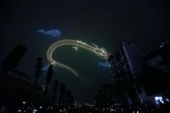 Màn trình diễn ánh sáng nghệ thuật bằng drone chào Xuân mới trên bầu trời Hà Nội. (Ảnh: Huy Hùng/TTXVN)