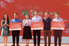 Trao bảng biểu trưng gói bảo trợ dài hạn cho 371 trẻ em mồ côi do COVID-19 trên địa bàn Đồng Nai, Bình Dương và Thành phố Hồ Chí Minh. (Ảnh: Lê Xuân/TTXVN)