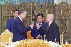 Chủ tịch nước Tô Lâm và Quốc vương Norodom Sihamoni chúc mừng mối quan hệ giữa Việt Nam và Campuchia ngày càng phát triển. (Ảnh: Nhan Sáng/TTXVN)