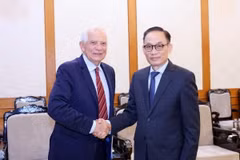 Trưởng Ban Đối ngoại Trung ương Lê Hoài Trung tiếp Phó Chủ tịch Ủy ban châu Âu (EC), Đại diện cấp cao Liên minh châu Âu (EU) về Chính sách đối ngoại và an ninh Josep Borrell Fontelles. (Ảnh: Phương Hoa/TTXVN)