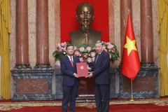 Tổng Bí thư, Chủ tịch nước Tô Lâm trao Quyết định bổ nhiệm Đại sứ Việt Nam tại Lào cho ông Nguyễn Minh Tâm, Phó Trưởng Ban Đối ngoại Trung ương. (Ảnh: Lâm Khánh/TTXVN)