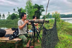 Anh Nguyễn Văn Long cùng cộng sự quan sát hoạt động của rùa Hoàn Kiếm tại hồ Đồng Mô. (Ảnh nhân vật cung cấp)