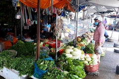 Lắp tấm chắn giọt bắn trước quầy bán hàng tại chợ Thanh Sơn (phường Thanh Sơn, thành phố Phan Rang-Tháp Chàm) để phòng, chống dịch COVID-19. (Ảnh: Nguyễn Thành/TTXVN)