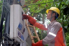 Công nhân điện lực kiểm tra đồng hồ đo điện của các hộ dân. (Ảnh: Văn Đạt/TTXVN) 
