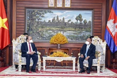 Chủ tịch nước Nguyễn Xuân Phúc hội kiến Chủ tịch Quốc hội Campuchia Samdech Akka Moha Ponhea Chakrei Heng Samrin. (Ảnh: Thống Nhất/TTXVN) 