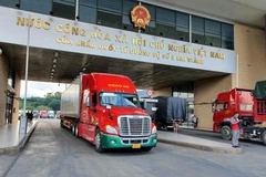 Các xe container chờ làm thủ tục xuất nhập khẩu tại cửa khẩu quốc tế đường bộ số II Kim Thành, Lào Cai. (Ảnh: Quốc Khánh/TTXVN)