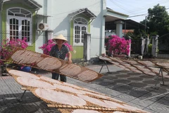 Bà Lâm Thanh Hiếu, ấp An Hòa, xã An Ngãi, huyện Long Điền phơi bánh tráng phục vụ nhu cầu dịp Tết Nguyên đán. (Ảnh: Hoàng Nhị/TTXVN)