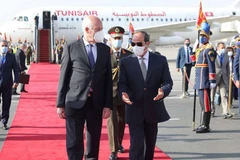 Tổng thống Ai Cập Abdel Fattah el-Sisi (phải) đón tiếp Tổng thống Tunisia Kais Saied tại Cairo ngày 9/4. (Nguồn: AFP)