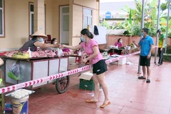 Người dân xã Nghi Phú, thành phố Vinh giữ khoảng cách, thực hiện nghiêm khuyến cáo 5K của Bộ Y tế khi đến mua lương thực, thực phẩm tại điểm bán hàng lưu động trên địa bàn. (Ảnh: Tá Chuyên/TTXVN)