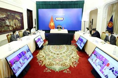 Bộ trưởng Bộ Ngoại giao Bùi Thanh Sơn dự Hội nghị Hợp tác Mekong-Nhật Bản lần thứ 14 theo hình thức trực tuyến. (Ảnh: Phạm Kiên/TTXVN)