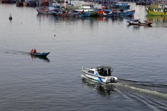 Lực lượng chức năng tuần tra tại Khu vực cảng cá Thọ Quang để đảm bảo việc phòng, chống dịch. (Ảnh: Trần Lê Lâm/TTXVN)