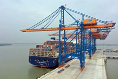 Tàu container CMA CGM CORTE REAL tải trọng 165.375 DWT, có chiều dài 365,5m cập cảng GERMALINK (Bà Rịa-Vũng Tàu) bốc dỡ hàng hóa. (Ảnh: TTXVN phát)