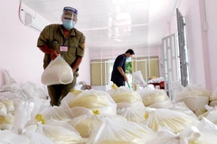 Các suất gạo hỗ trợ người dân khó khăn do ảnh hưởng dịch COVID-19. (Ảnh: Thu Hiền/TTXVN)