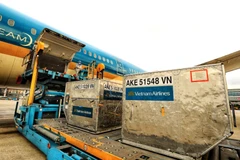 Chuyến bay chuyên chở khẩn cấp số vật tư, thiết bị y tế gồm 2 triệu khẩu trang y tế, 200 máy thở và 10.000kg hóa chất khử khuẩn Chloramine B để giúp Lào ứng phó với dịch COVID-19. (Ảnh: Thành Đạt/TTXVN)