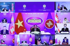 Hội nghị Hội đồng Điều phối ASEAN (ACC) lần thứ 29, Bộ trưởng Bộ Ngoại giao Bùi Thanh Sơn phát biểu tại điểm cầu trực tuyến Hà Nội. (Ảnh: Phạm Kiên/TTXVN)