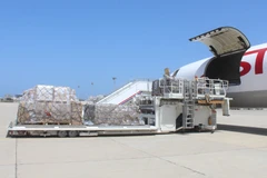 Lô vaccine Covishield ngừa COVID-19 do Viện Huyết thanh Ấn Độ (SII) sản xuất được chuyển tới sân bay ở thành phố Aden, Yemen theo cơ chế COVAX ngày 31/3/2021. (Ảnh: AFP/TTXVN)