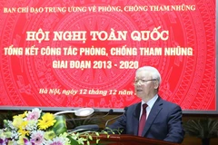 Tổng Bí thư, Chủ tịch nước Nguyễn Phú Trọng phát biểu tại Hội nghị toàn quốc tổng kết công tác phòng, chống tham nhũng giai đoạn 2013-2020 (Hà Nội, 12/12/2020). (Ảnh: TTXVN)