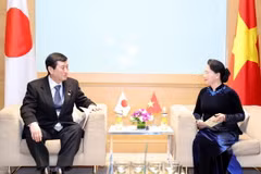 Chủ tịch Quốc hội Nguyễn Thị Kim Ngân, Chủ tịch APPF 26 tiếp ông Takuji Yanagimoto, Thượng nghị sỹ, Trưởng đoàn Đại biểu Nhật Bản. (Ảnh: Trọng Đức/TTXVN)
