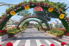 Đường 3 tháng 2, thành phố Bến Tre được trang trí trang hoàng rực rỡ. (Ảnh: Chương Đài/TTXVN)