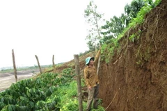 Đất canh tác của người dân gần hồ bùn đỏ số 2 Nhà máy Alumin Nhân Cơ bị sụt lún nghiêm trọng. (Ảnh: TTXVN phát)