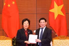 Tổng Kiểm toán Nhà nước Hồ Đức Phớc tiếp bà Hu Zejun, Tổng Kiểm toán Nhà nước Trung Quốc. (Ảnh: TTXVN)