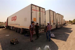 Xe tải chở hàng của Syria đỗ tại Mafraq thuộc Jordan, gần cửa khẩu Nassib giữa Syria và Jordan. (Nguồn: THX/TTXVN)