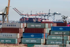 Hàng hóa từ Trung Quốc và các nước châu Á khác chờ bốc dỡ tại Cảng Los Angeles, bang California, Mỹ. (Nguồn: AFP/TTXVN)
