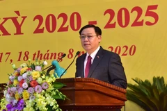Bí thư Thành ủy Hà Nội Vương Đình Huệ phát biểu chỉ đạo Đại hội. (Nguồn: TTXVN)