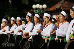 Trình diễn các tiết mục văn hóa phi vật thể tiêu biểu của dân tộc Mường. (Ảnh: Trọng Đạt/TTXVN)