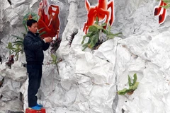 Giáo dân trang trí hang đá tại nhà thờ. (Ảnh: Nguyễn Lành/TTXVN)