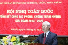 Tổng Bí thư, Chủ tịch nước Nguyễn Phú Trọng, Trưởng Ban Chỉ đạo Trung ương về phòng, chống tham nhũng phát biểu kết luận hội nghị. (Ảnh: Phương Hoa/TTXVN)