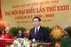 Bí thư Thành ủy Hà Nội Vương Đình Huệ phát biểu chỉ đạo Đại hội. (Ảnh: Văn Điệp/TTXVN)