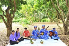 Một buổi sinh hoạt của Câu lạc bộ Đờn ca tài tử xã Hiệp Thành, thành phố Bạc Liêu trong vườn nhãn trăm tuổi ở Bạc Liêu. (Ảnh: Minh Đức/TTXVN)