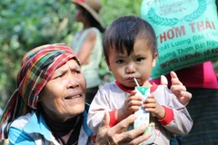 Những đứa trẻ Vân Kiều đã được thưởng thức sữa tươi sau nhiều ngày thiếu thốn. (Ảnh: Danh Lam/TTXVN)