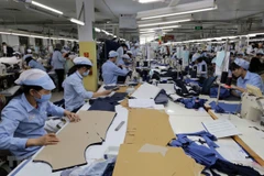 May hàng xuất khẩu tại Công ty TNHH may Đức Giang, Long Biên, Hà Nội. (Ảnh: Trần Việt/TTXVN)