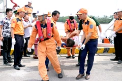 Lực lượng cứu hộ đưa thuyền viên về bờ. (Ảnh: Trần Hoàng Ngọc/TTXVN)