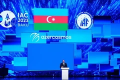 Tổng thống Azerbaijan Ilham Aliyev phát biểu tại Đại hội Du hành Vũ trụ Quốc tế lần (IAC) lần thứ 74. (Nguồn: azertag)