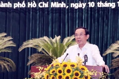 Ủy viên Bộ Chính trị, Bí thư Thành ủy Thành phố Hồ Chí Minh Nguyễn Văn Nên chủ trì Hội nghị. (Ảnh: Xuân Khu/TTXVN)