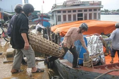 Vận chuyển hàng hóa lên tàu mang ra đảo Lý Sơn. (Ảnh: Đoàn Hữu Trung/TTXVN)
