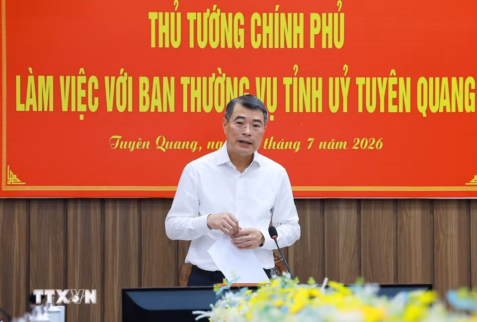 Thủ tướng Lê Minh Hưng làm việc với Ban Thường vụ Tỉnh ủy Tuyên Quang. (Ảnh: Dương Giang/TTXVN)