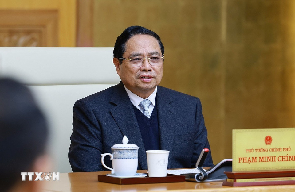 Thủ tướng Phạm Minh Chính phát biểu tại buổi tiếp Đại sứ Trung Quốc tại Việt Nam Hà Vĩ. (Ảnh: Dương Giang/TTXVN)